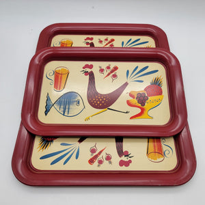 Set Of 3 Mid-Century Metal Snack Trays With Chicken
