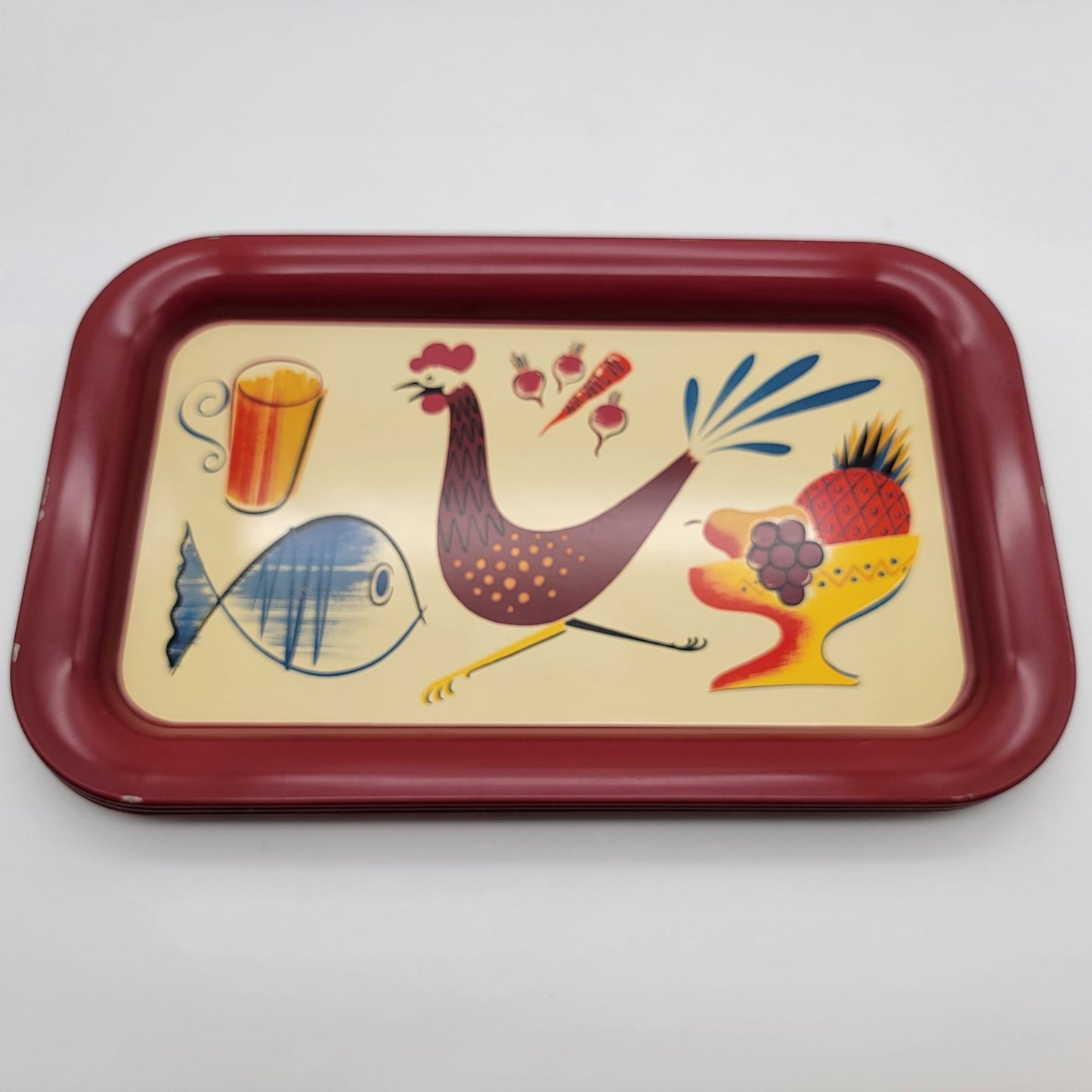 Set Of 3 Mid-Century Metal Snack Trays With Chicken