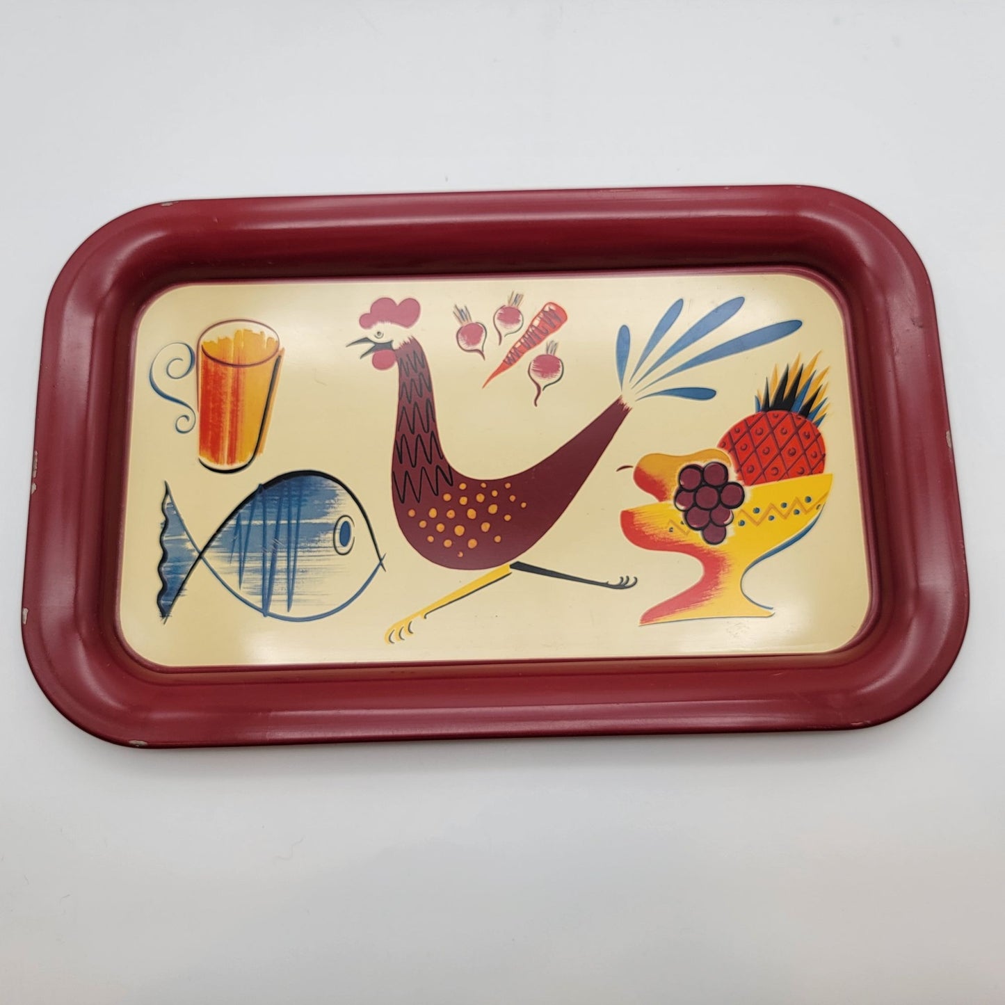 Set Of 3 Mid-Century Metal Snack Trays With Chicken