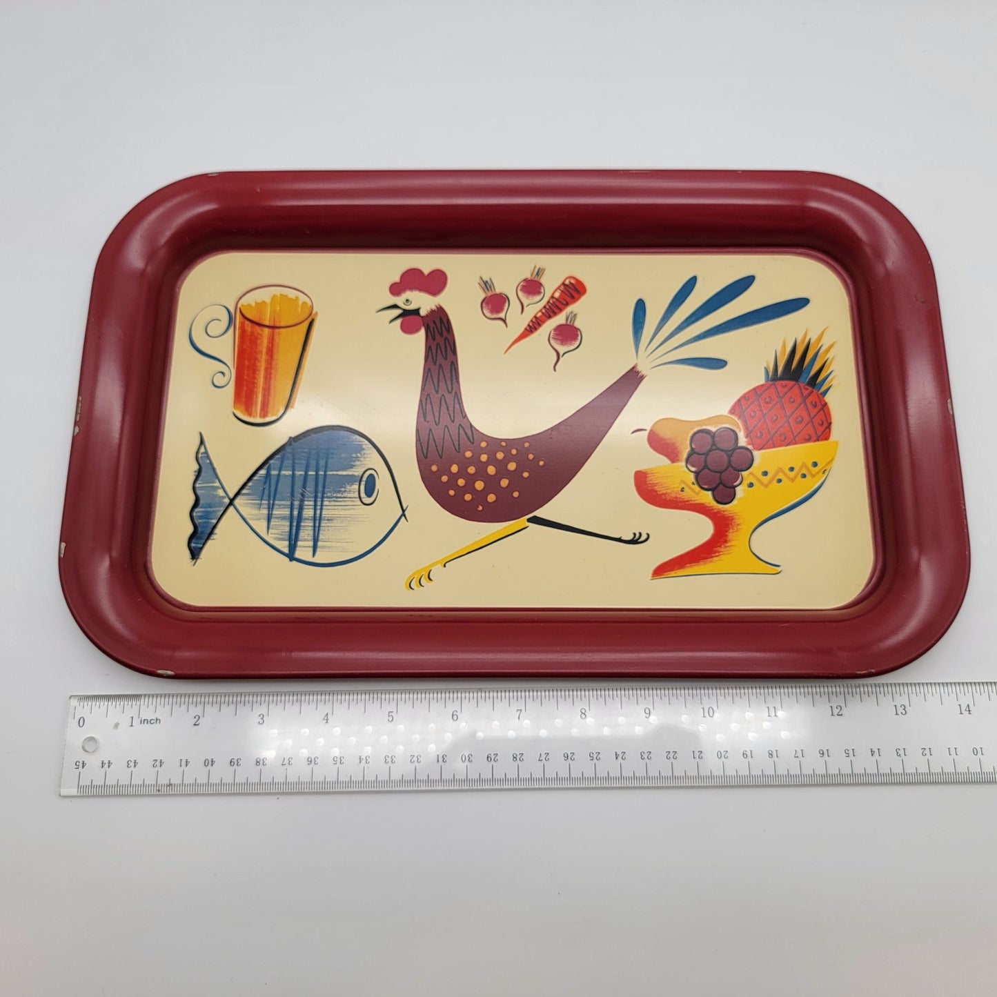 Set Of 3 Mid-Century Metal Snack Trays With Chicken