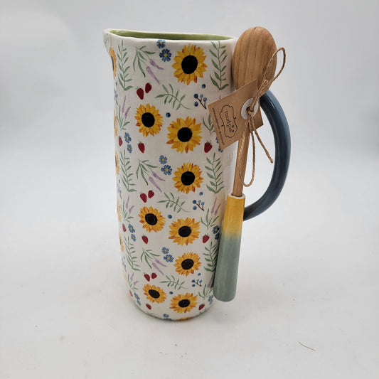 MudPie Pitcher With Spoon & Floral Sunflower Pattern