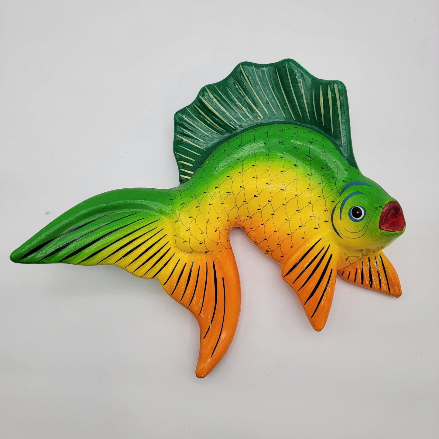 Mexican Pottery Fish Wall Hanging  Vibrant Green & Orange Signed