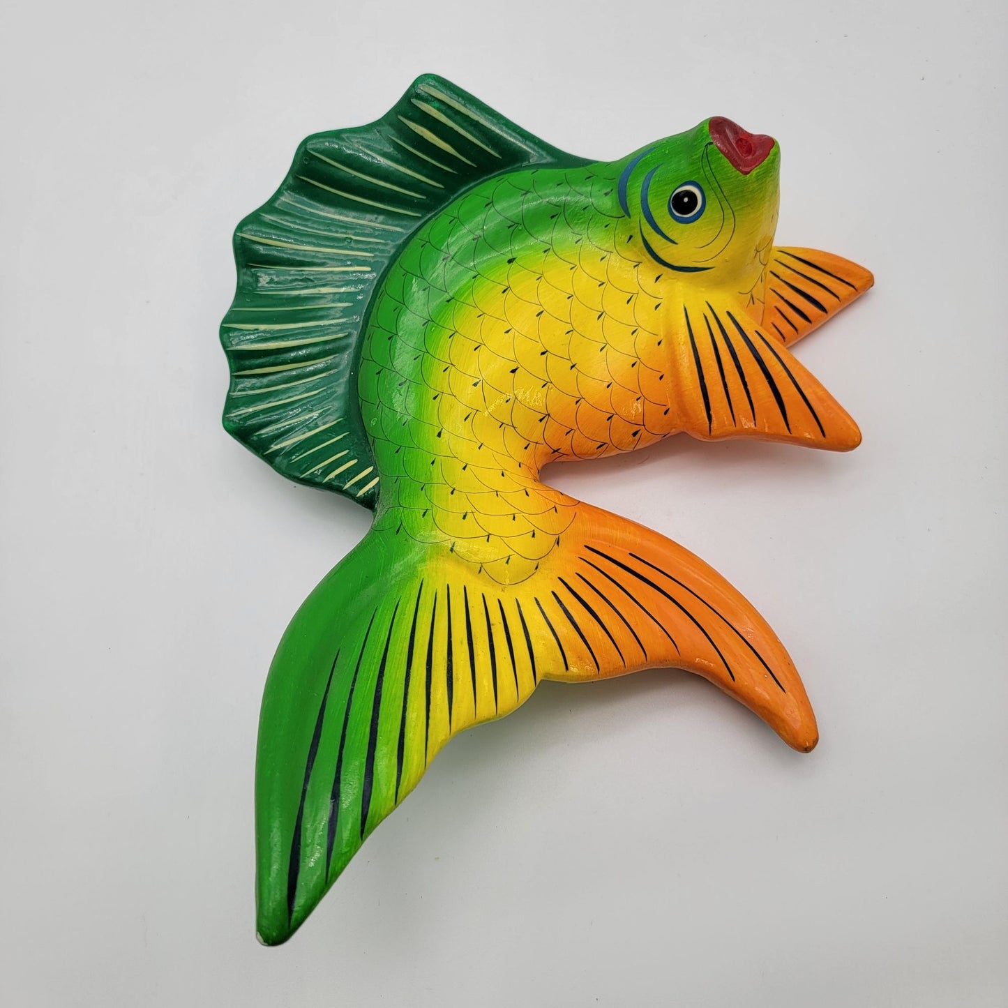 Mexican Pottery Fish Wall Hanging  Vibrant Green & Orange Signed