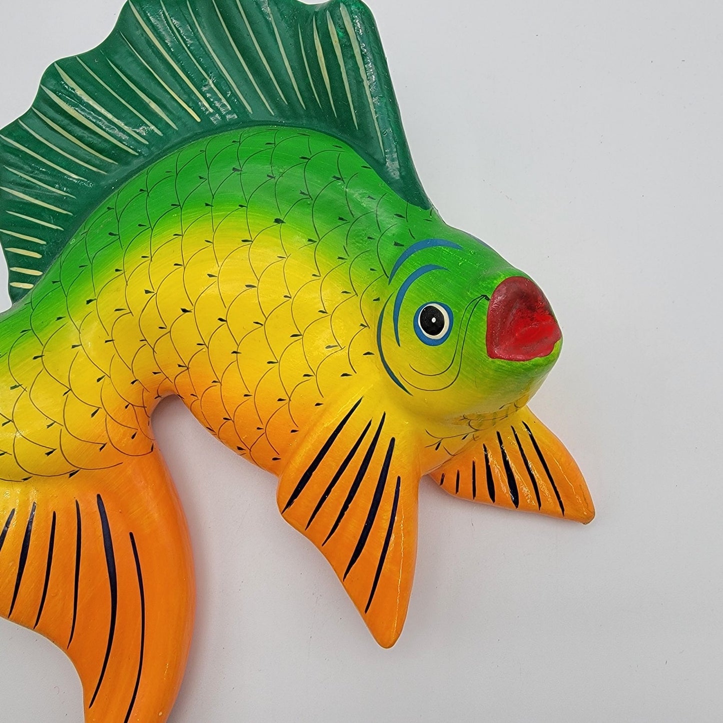 Mexican Pottery Fish Wall Hanging  Vibrant Green & Orange Signed