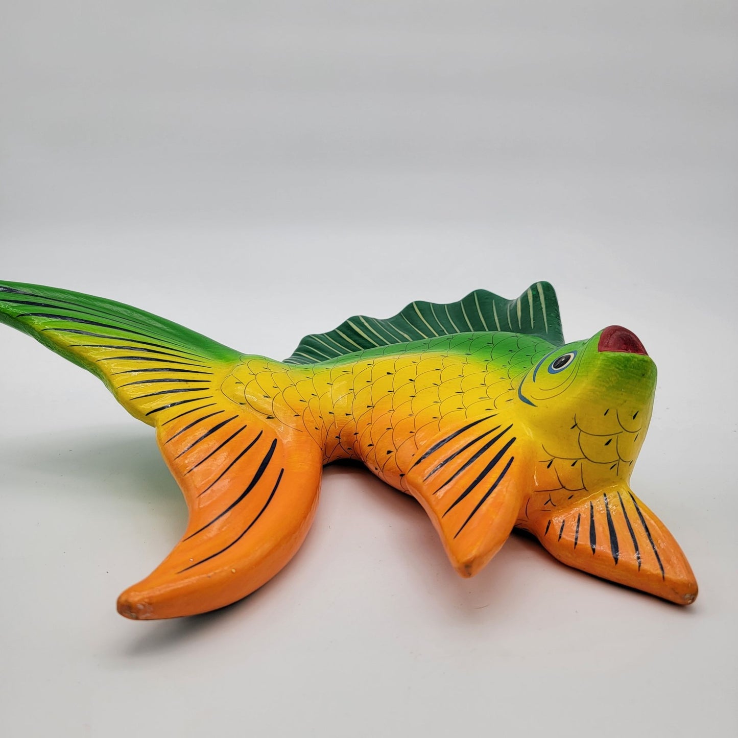 Mexican Pottery Fish Wall Hanging  Vibrant Green & Orange Signed