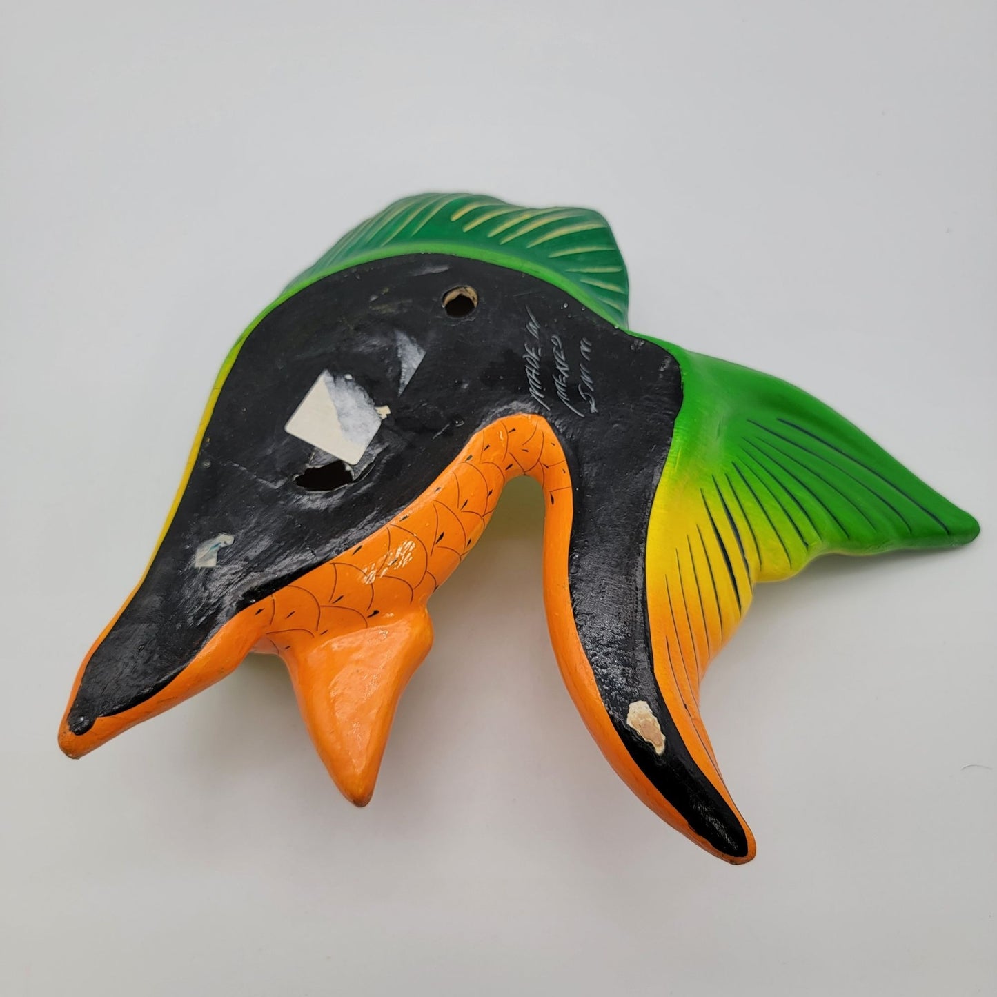 Mexican Pottery Fish Wall Hanging  Vibrant Green & Orange Signed