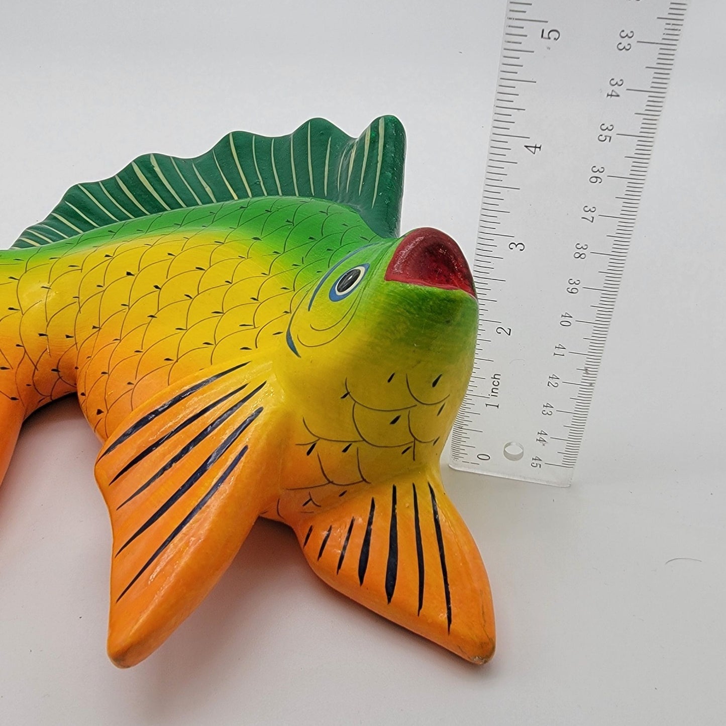 Mexican Pottery Fish Wall Hanging  Vibrant Green & Orange Signed