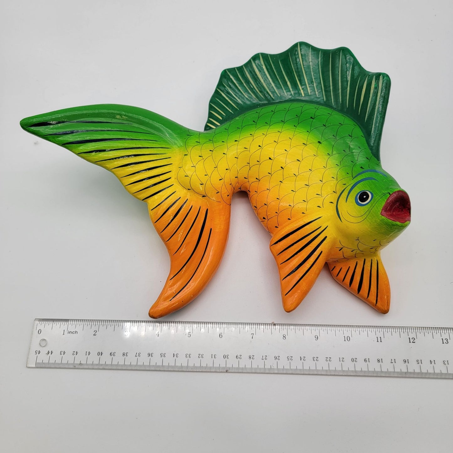 Mexican Pottery Fish Wall Hanging  Vibrant Green & Orange Signed