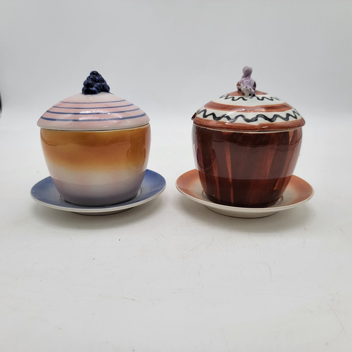 Vintage Anthropomorphic Hand-Painted Sugar Bowls W/Lids & Saucers
