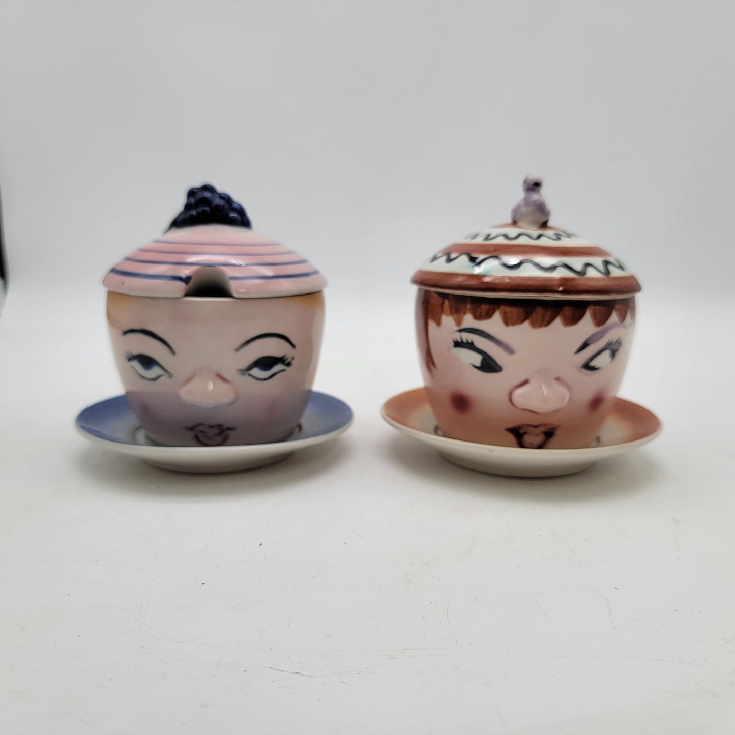 Vintage Anthropomorphic Hand-Painted Sugar Bowls W/Lids & Saucers