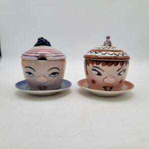 Vintage Anthropomorphic Hand-Painted Sugar Bowls W/Lids & Saucers