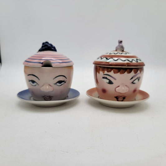 Vintage Anthropomorphic Hand-Painted Sugar Bowls W/Lids & Saucers