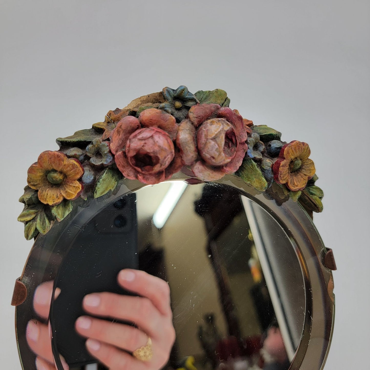 Antique Barbola Vanity Dresser Mirror With Flowers