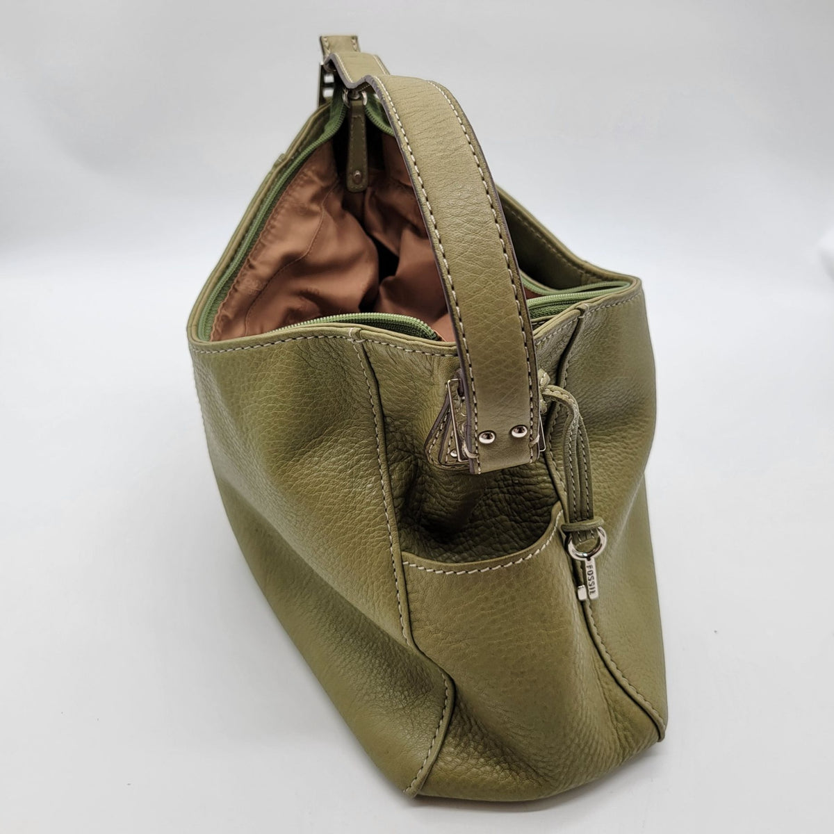 Vintage Fossil 1954 Avocado Green Pebbled Leather Hobo Shoulder Bag Purse