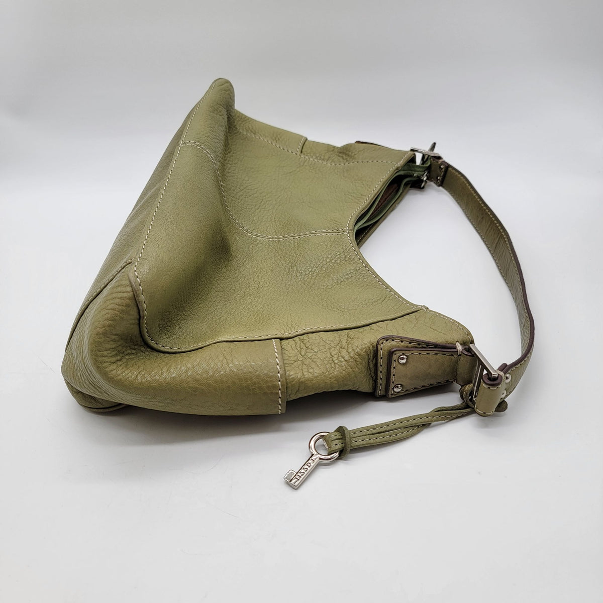 Vintage Fossil 1954 Avocado Green Pebbled Leather Hobo Shoulder Bag Purse
