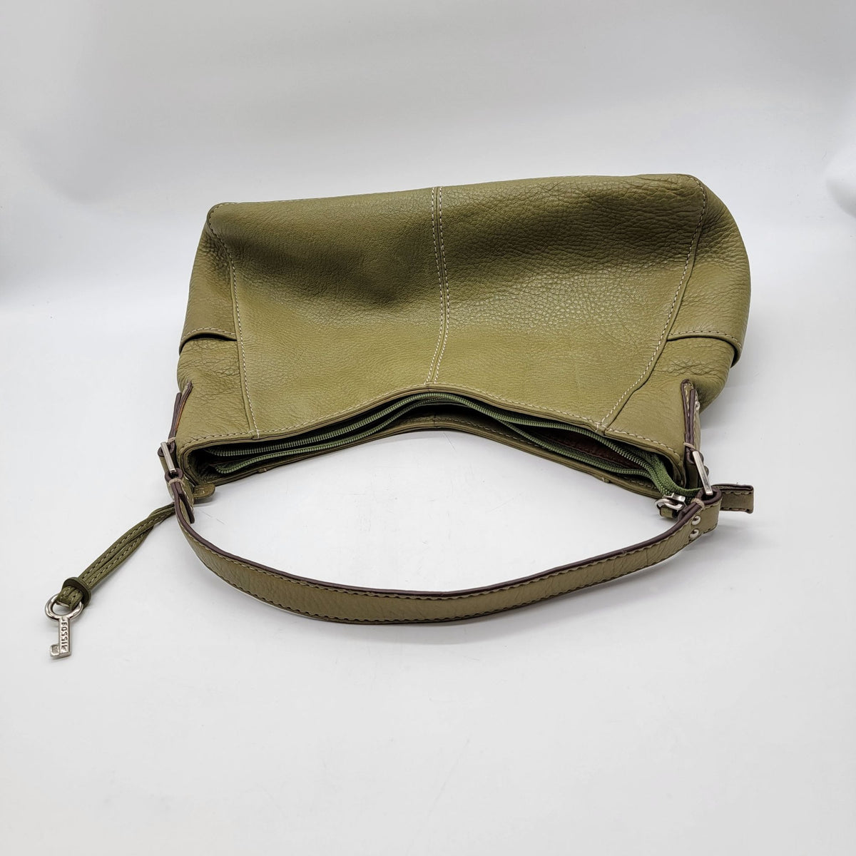 Vintage Fossil 1954 Avocado Green Pebbled Leather Hobo Shoulder Bag Purse