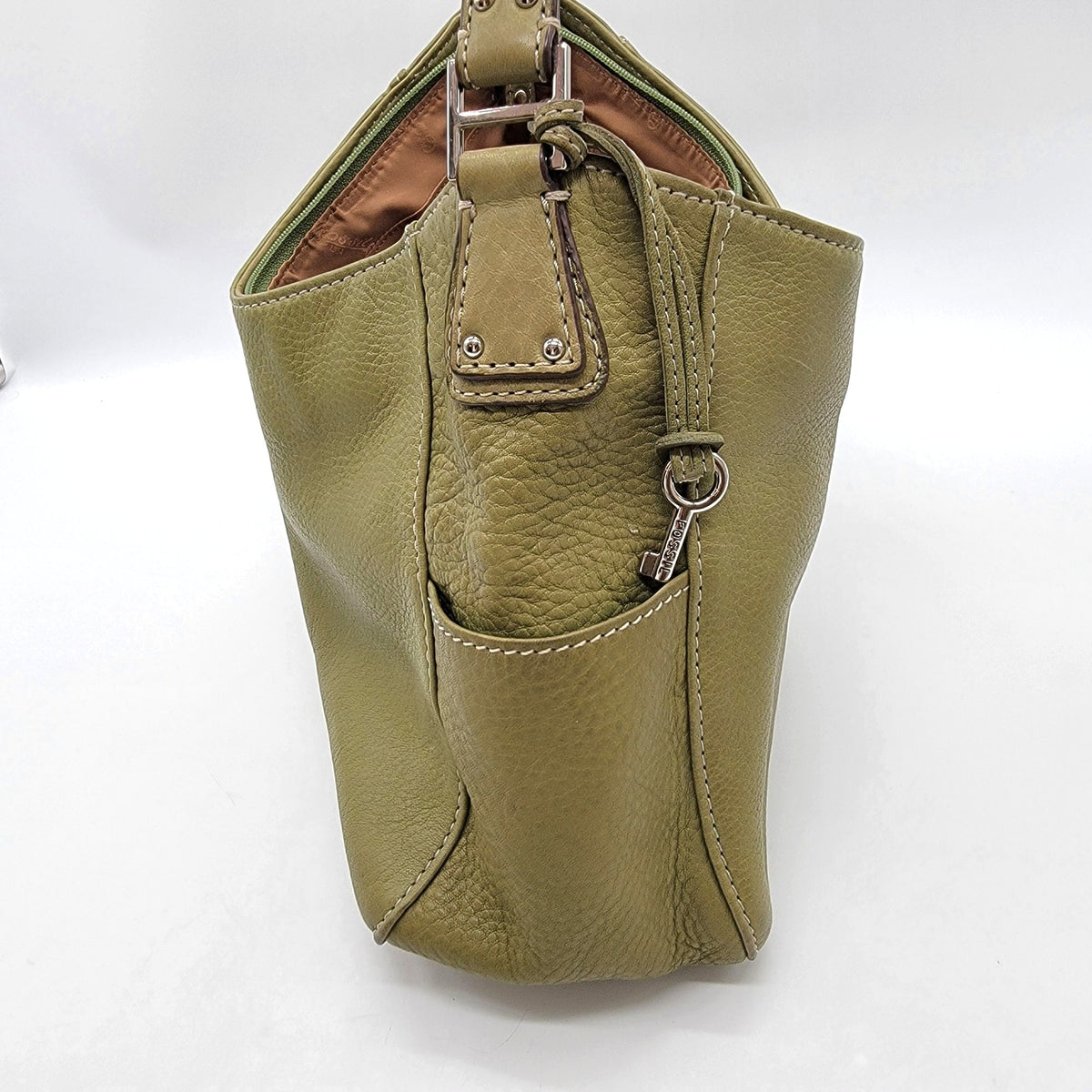 Vintage Fossil 1954 Avocado Green Pebbled Leather Hobo Shoulder Bag Purse