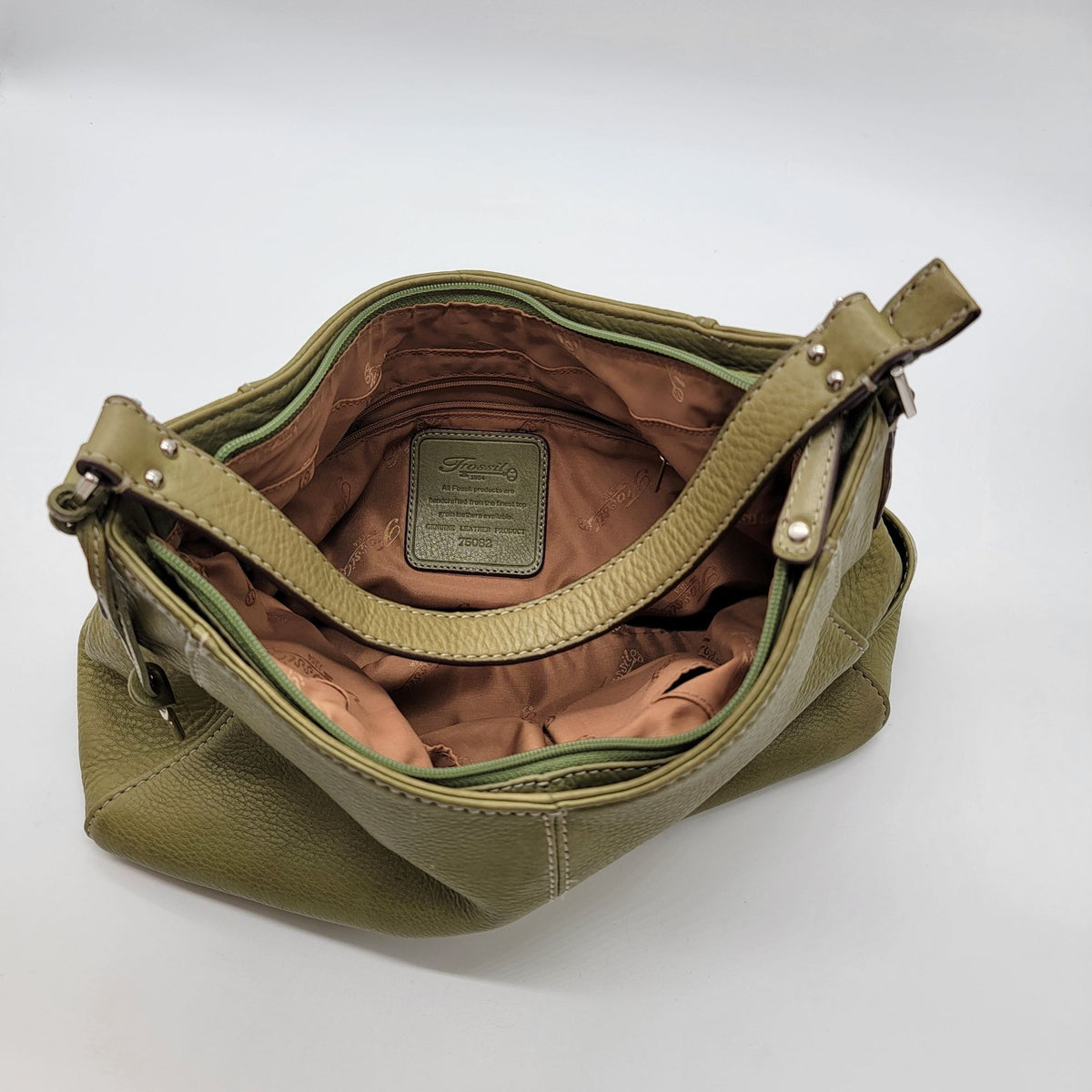 Vintage Fossil 1954 Avocado Green Pebbled Leather Hobo Shoulder Bag Purse
