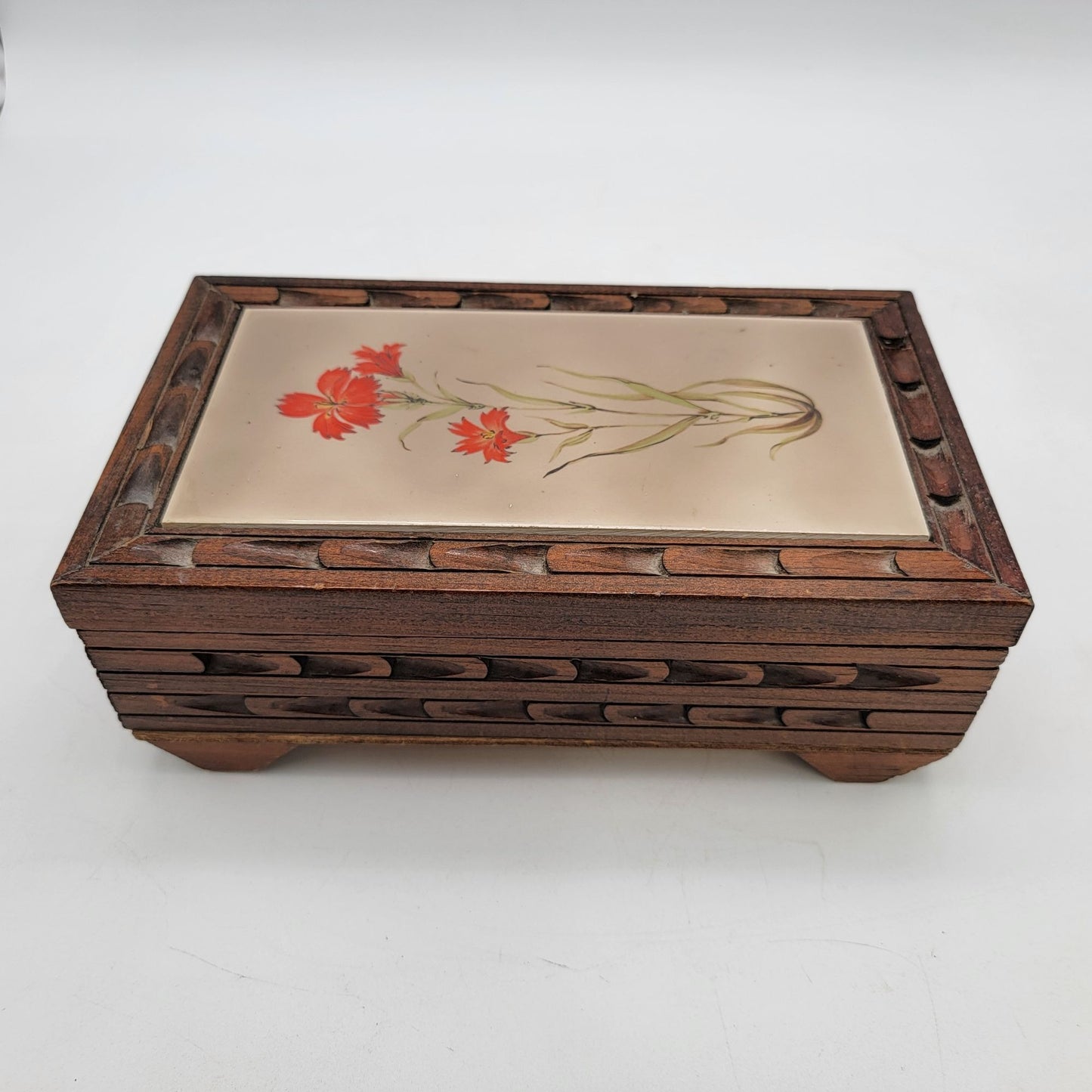 Vintage Wooden Jewelry Box With Floral Ceramic Tile Inlay