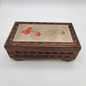 Vintage Wooden Jewelry Box With Floral Ceramic Tile Inlay
