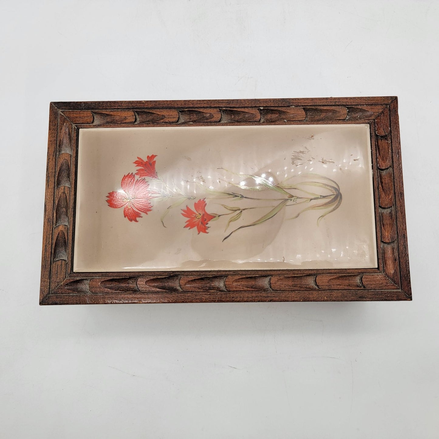 Vintage Wooden Jewelry Box With Floral Ceramic Tile Inlay