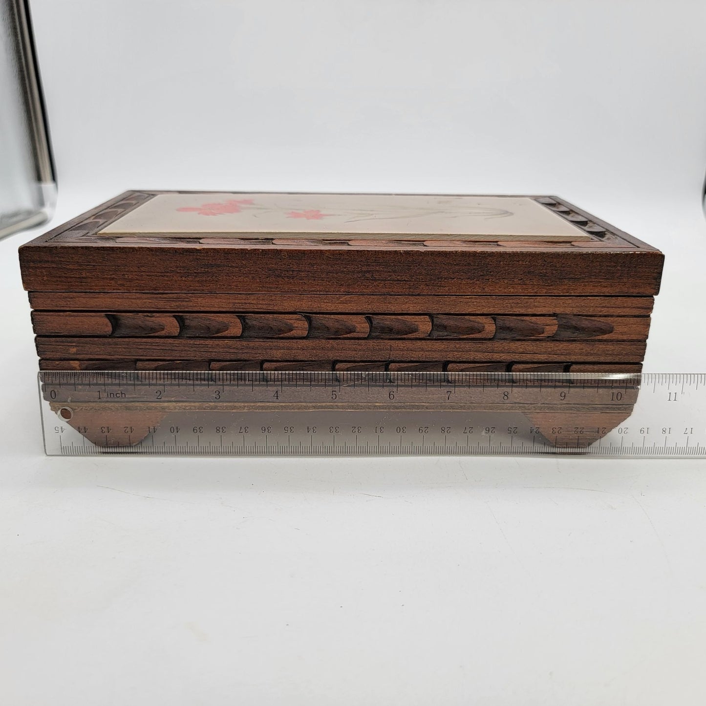 Vintage Wooden Jewelry Box With Floral Ceramic Tile Inlay