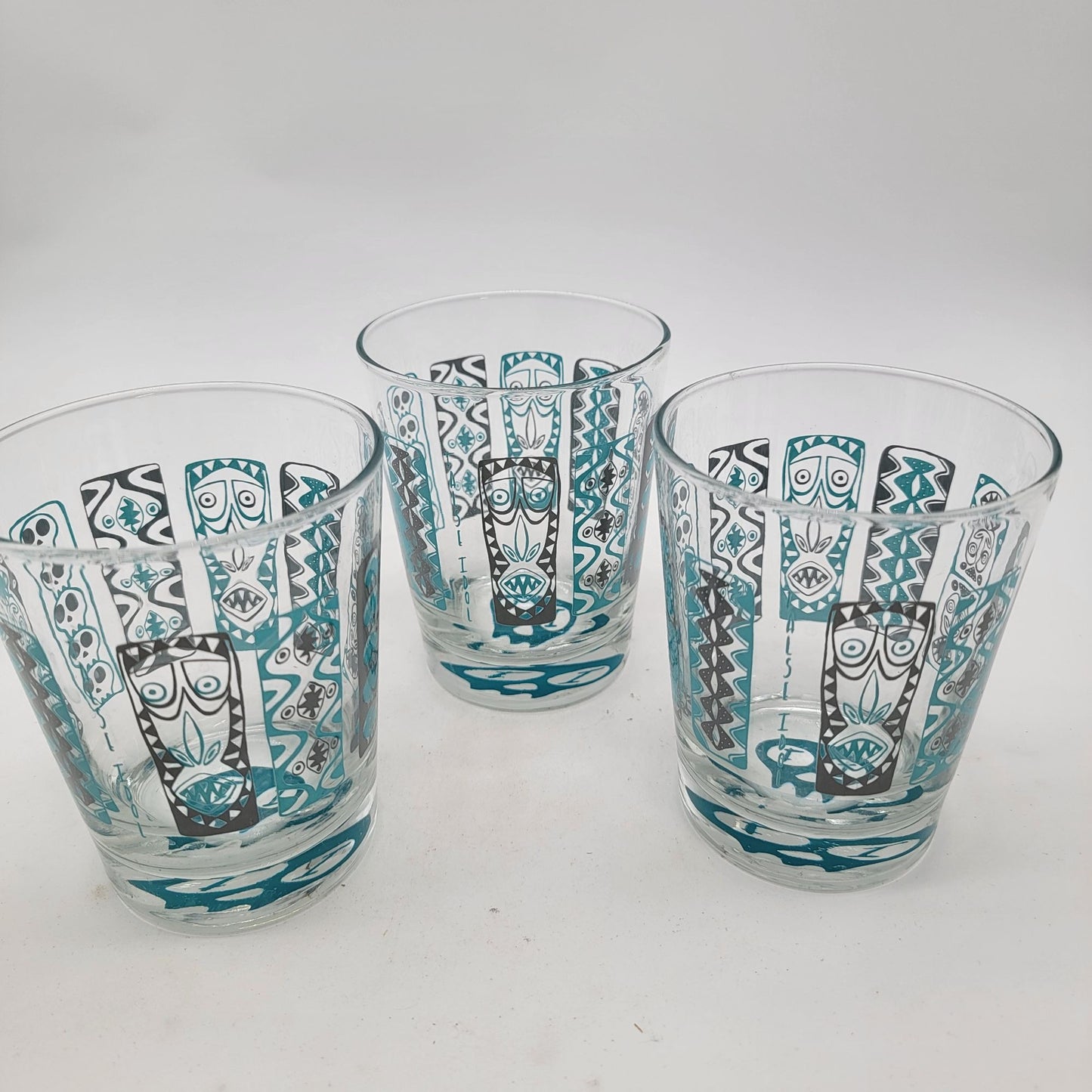 Set Of 3 Vintage Tiki Glasses Blue Totem Design