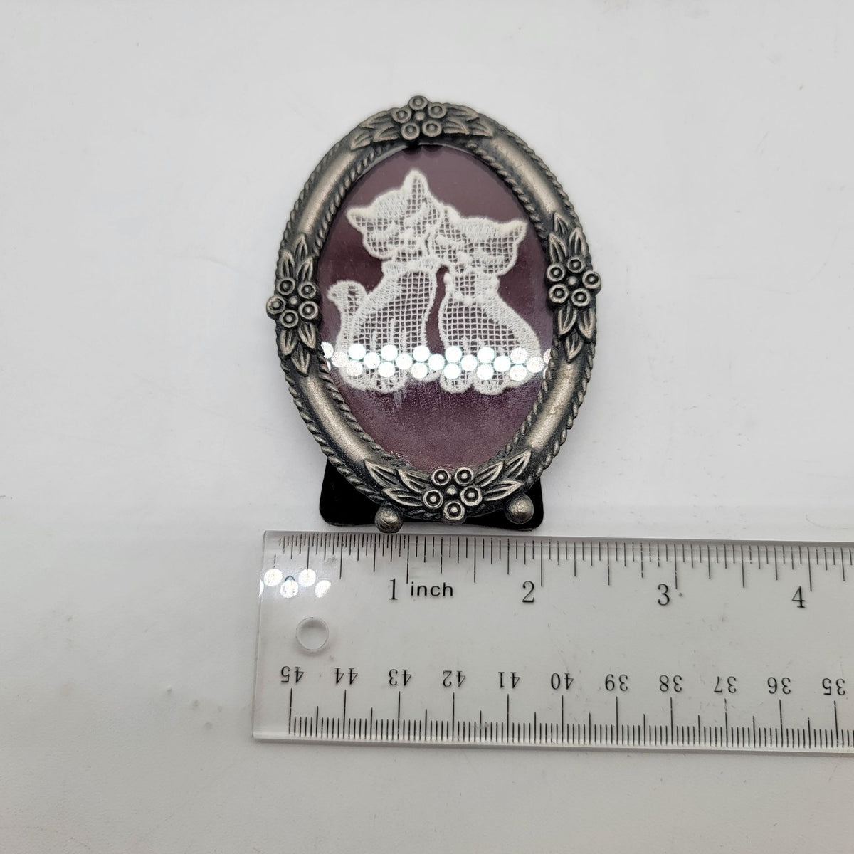 1970s Cat Lace Miniature Pewter Oval Frame