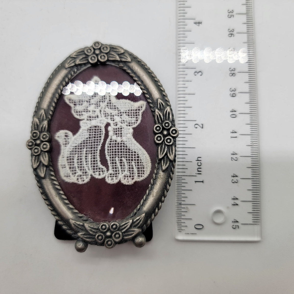 1970s Cat Lace Miniature Pewter Oval Frame