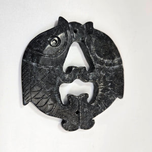 Vintage Carved Black Nephrite Jade Double Koi Pendant