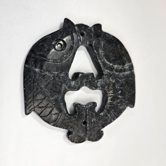 Vintage Carved Black Nephrite Jade Double Koi Pendant