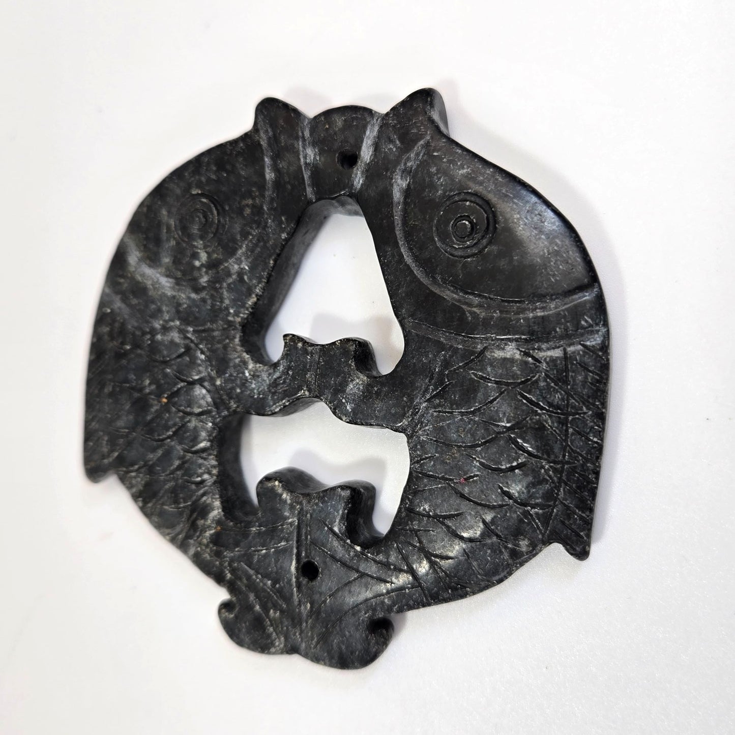 Vintage Carved Black Nephrite Jade Double Koi Pendant