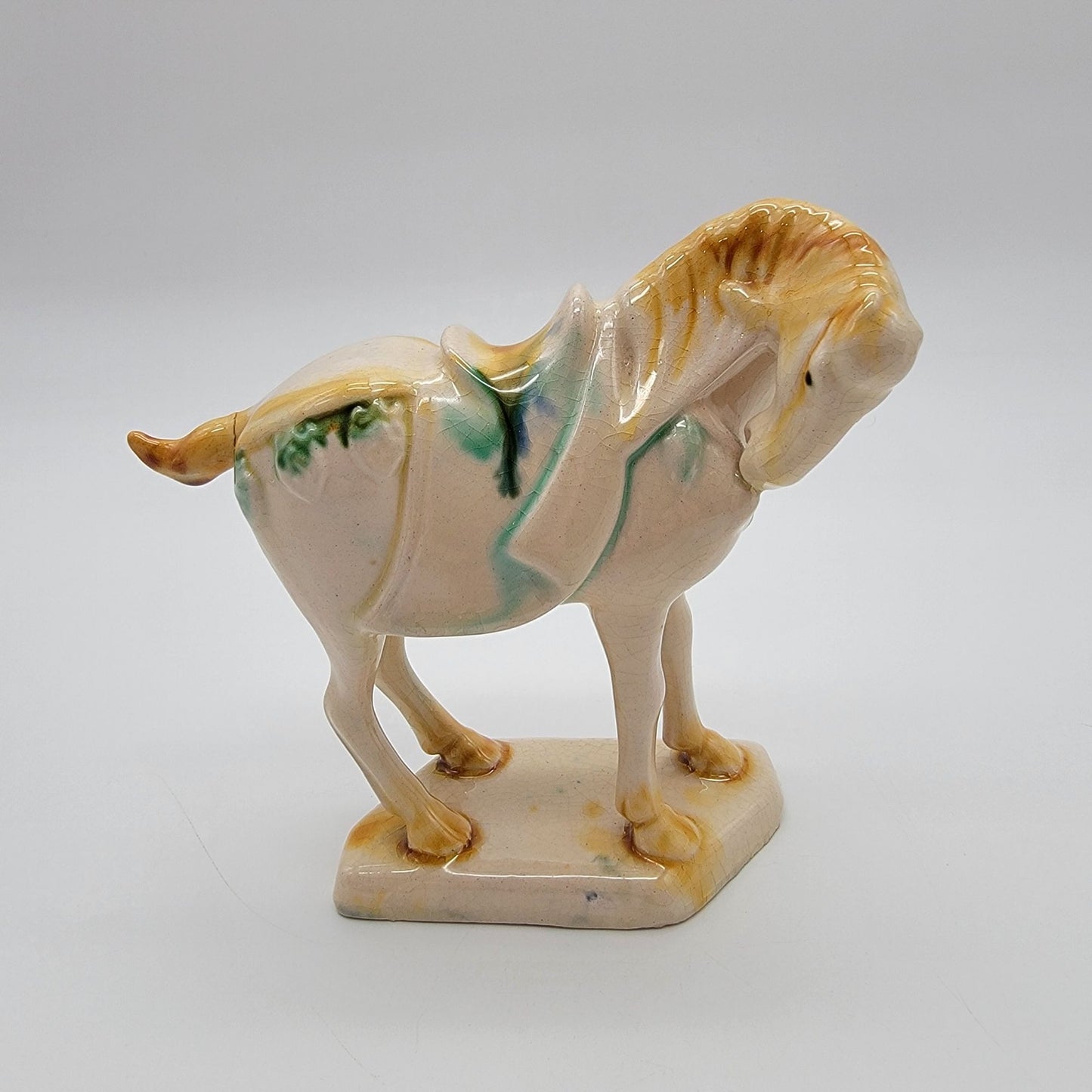 Vintage Tang Dynasty Reproduction Sancai Glazed War Horse Figurine  Repaired