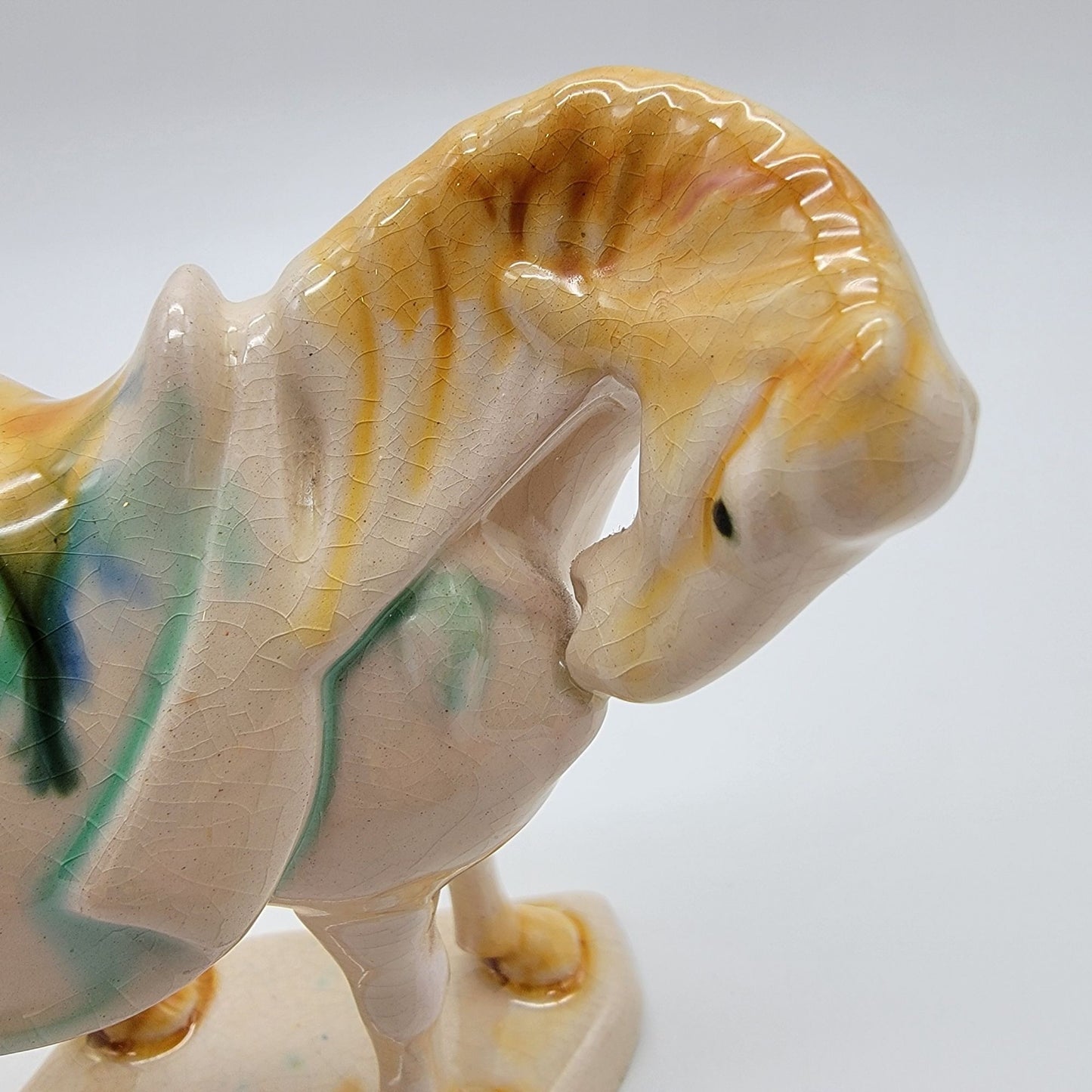 Vintage Tang Dynasty Reproduction Sancai Glazed War Horse Figurine  Repaired
