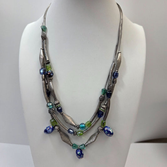 Vintage Chicos Silver Multistrand Art Glass Necklace Blue & Green