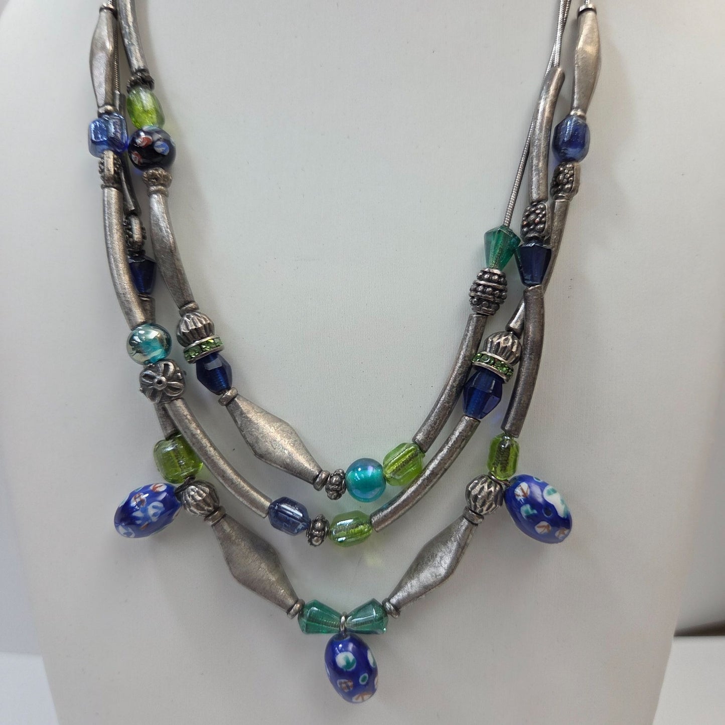 Vintage Chicos Silver Multistrand Art Glass Necklace Blue & Green