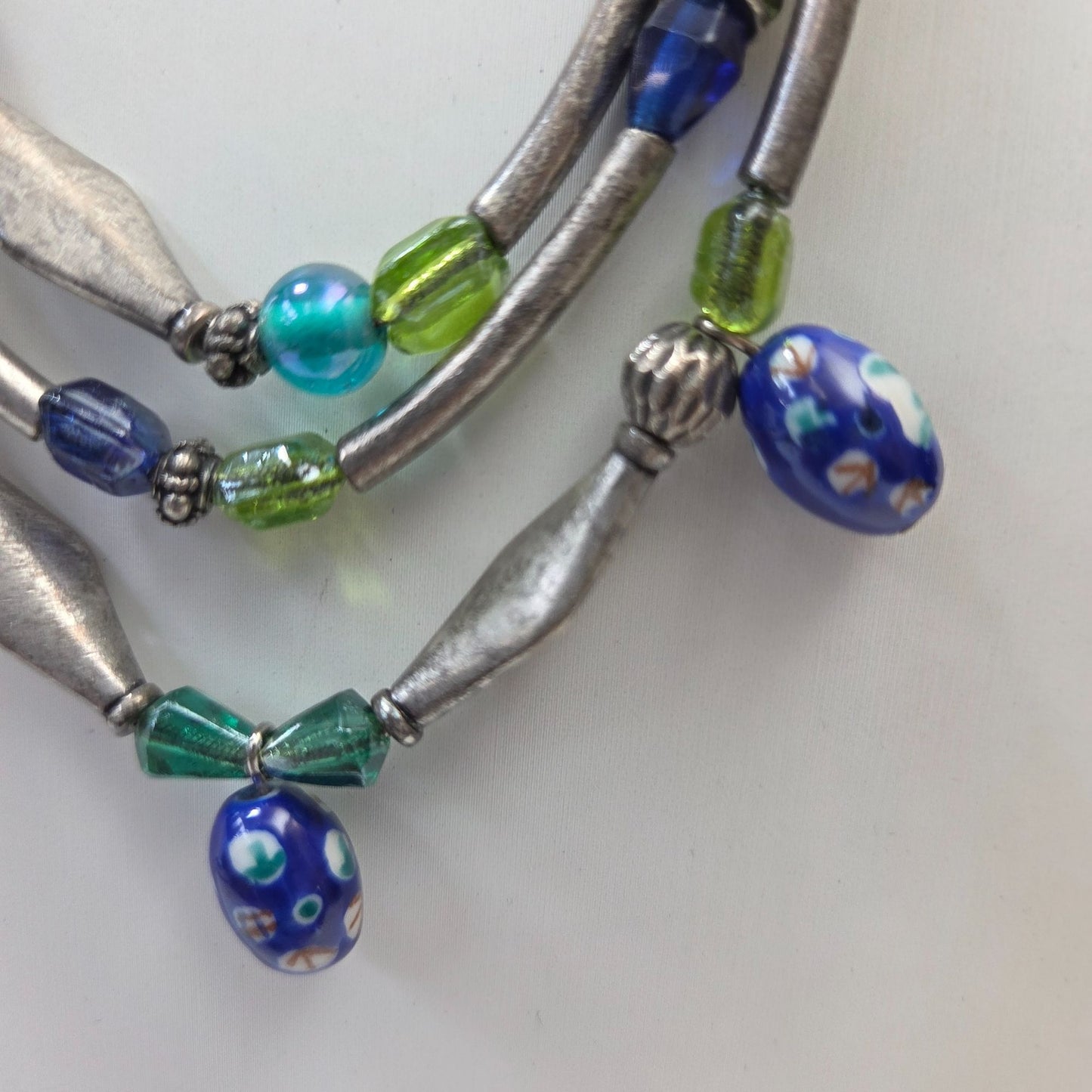 Vintage Chicos Silver Multistrand Art Glass Necklace Blue & Green