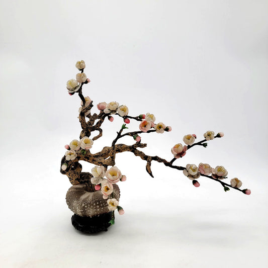Vintage Jade Glass Sakura Cherry Blossom Flower Arrangement With Sea Urchin Pot