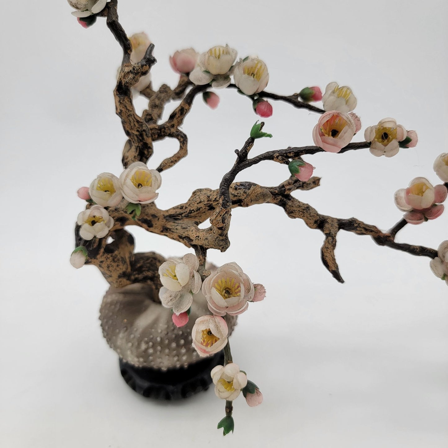 Vintage Jade Glass Sakura Cherry Blossom Flower Arrangement With Sea Urchin Pot