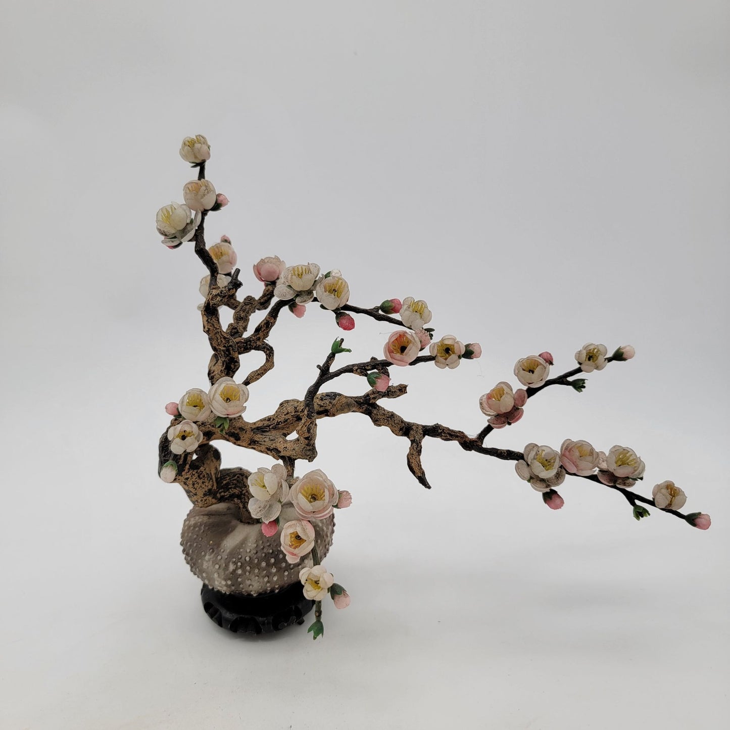Vintage Jade Glass Sakura Cherry Blossom Flower Arrangement With Sea Urchin Pot