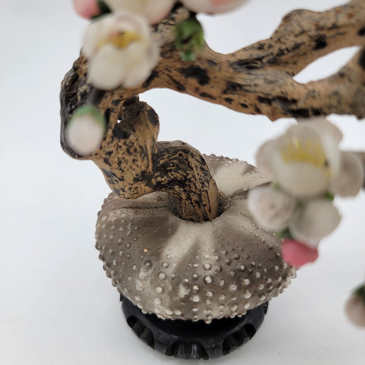 Vintage Jade Glass Sakura Cherry Blossom Flower Arrangement With Sea Urchin Pot