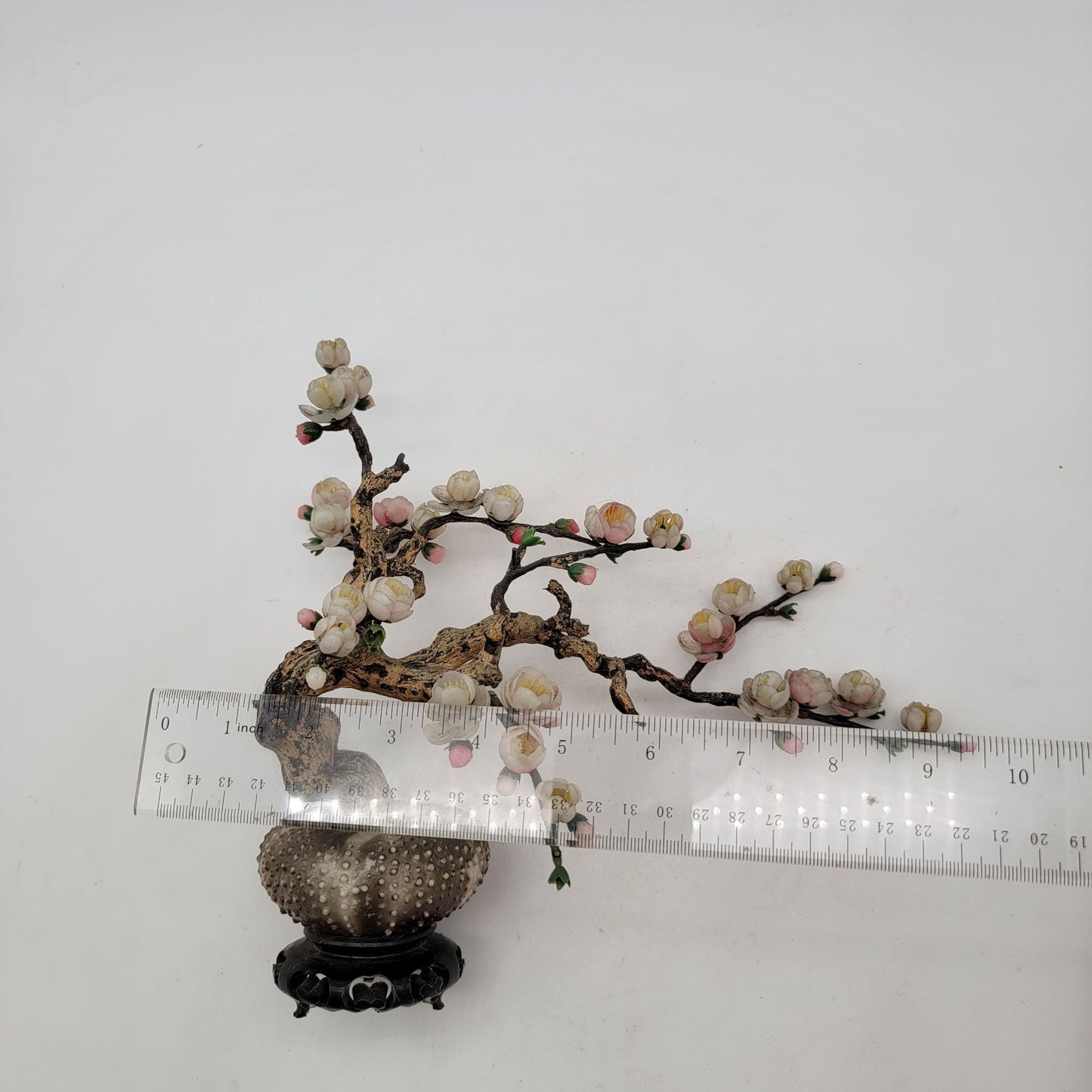Vintage Jade Glass Sakura Cherry Blossom Flower Arrangement With Sea Urchin Pot