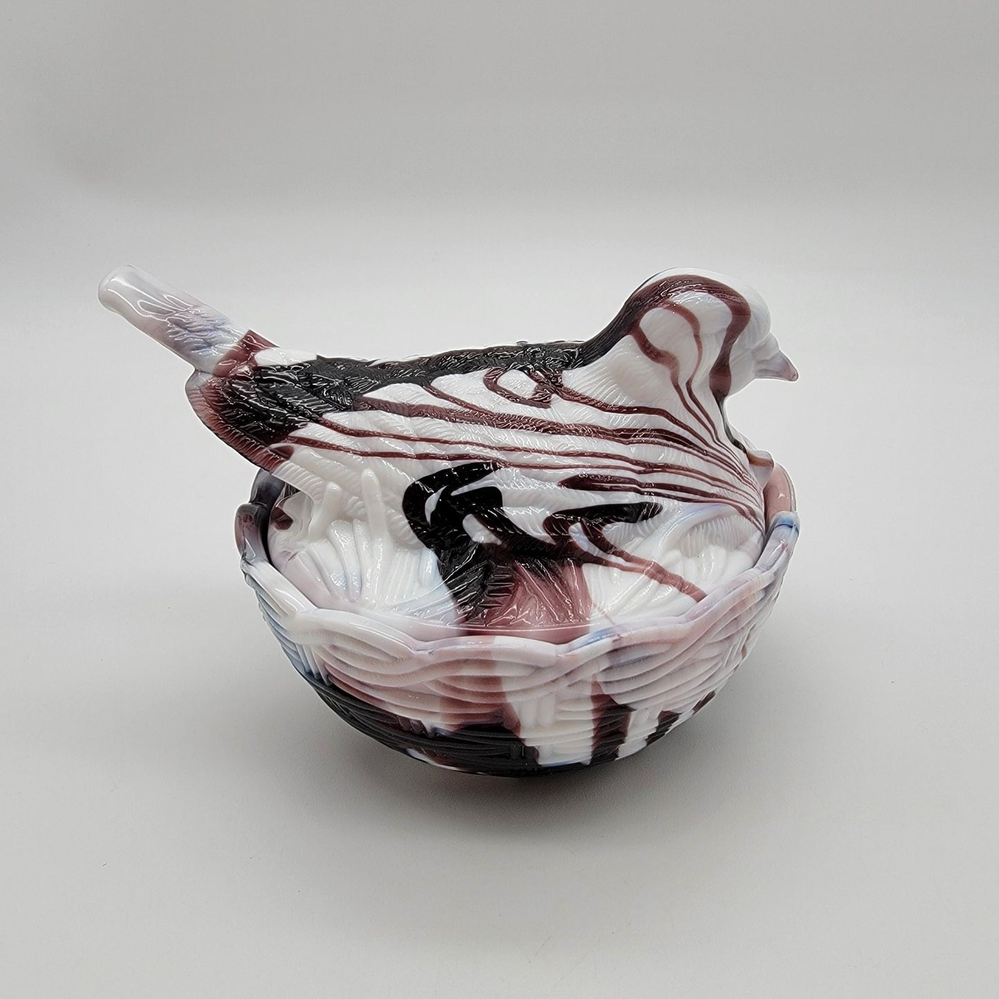 Vintage Heisey By Imperial Amethyst Purple Swirl Slag Glass Bird On Nest Candy Dish