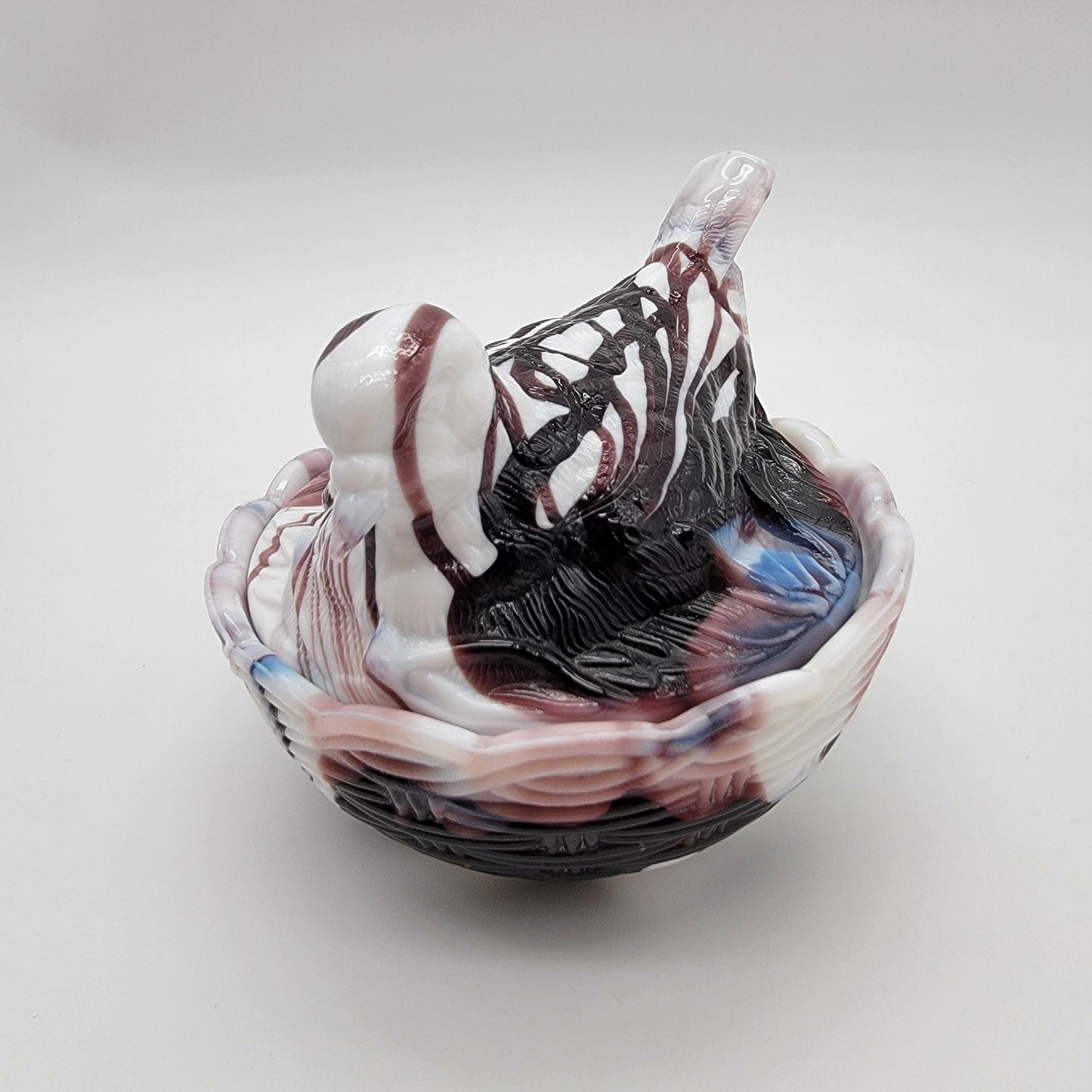 Vintage Heisey By Imperial Amethyst Purple Swirl Slag Glass Bird On Nest Candy Dish
