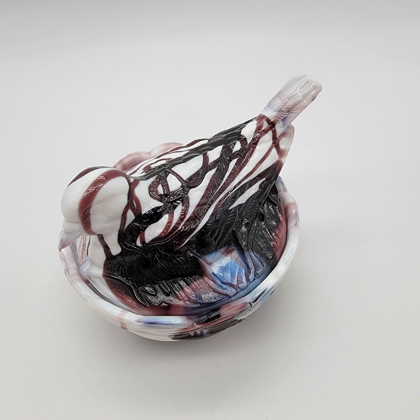 Vintage Heisey By Imperial Amethyst Purple Swirl Slag Glass Bird On Nest Candy Dish