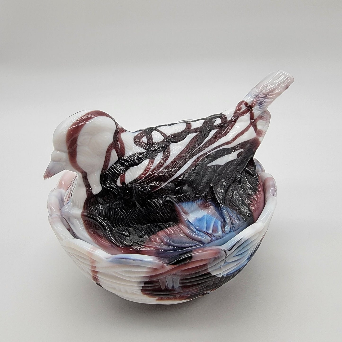 Vintage Heisey By Imperial Amethyst Purple Swirl Slag Glass Bird On Nest Candy Dish