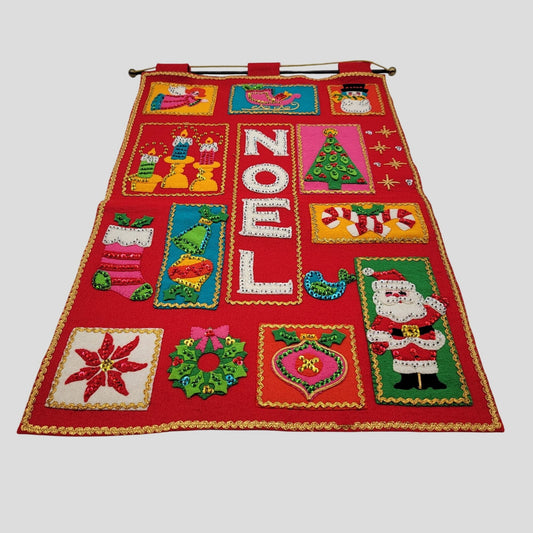 Vintage 1970's Bucilla NOEL Christmas Felt Wall Hanging  Kitschy Holiday Decor