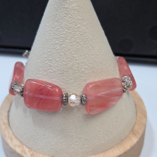Cherry Quartz  & Faceted Crystal Beaded Bracelet Size 7