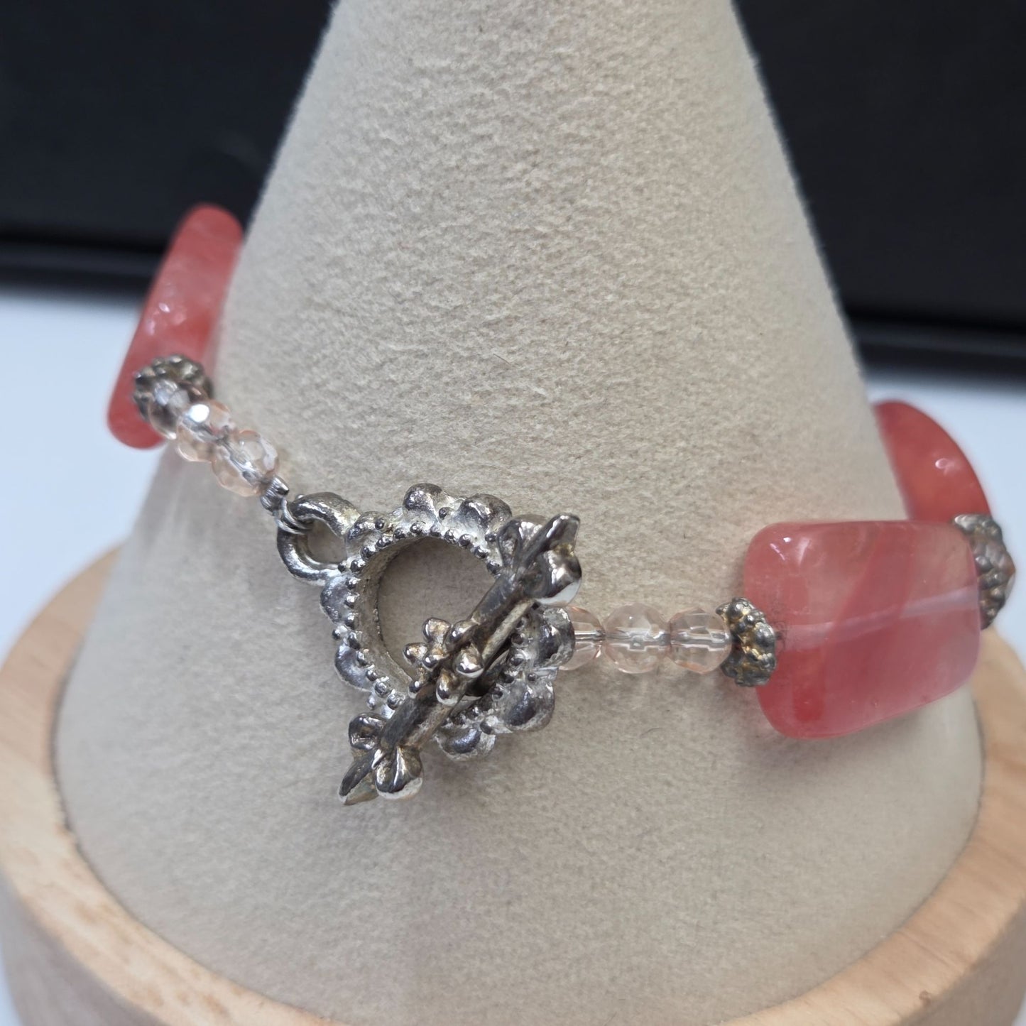 Cherry Quartz  & Faceted Crystal Beaded Bracelet Size 7