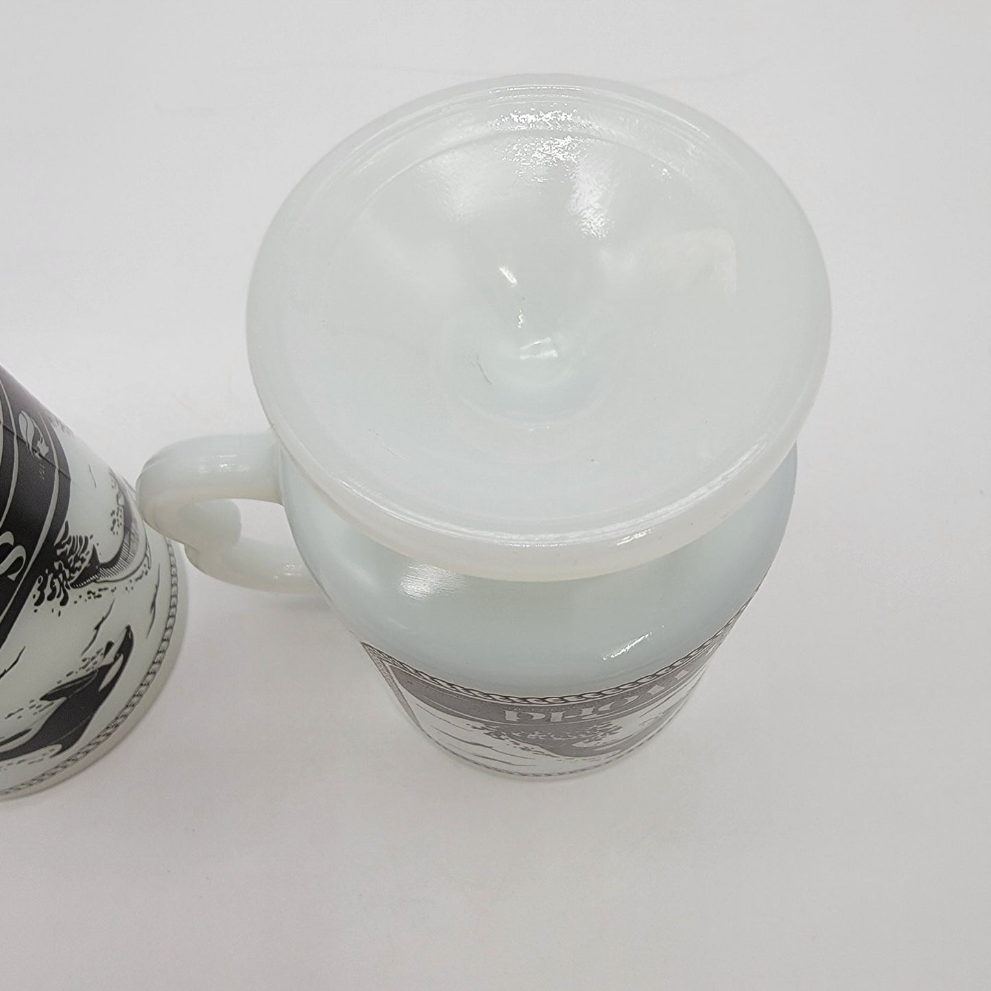 Pair of 1980 Vintage Fire King Milk Glass Sea World Footed Mugs Dolphin Orca Design